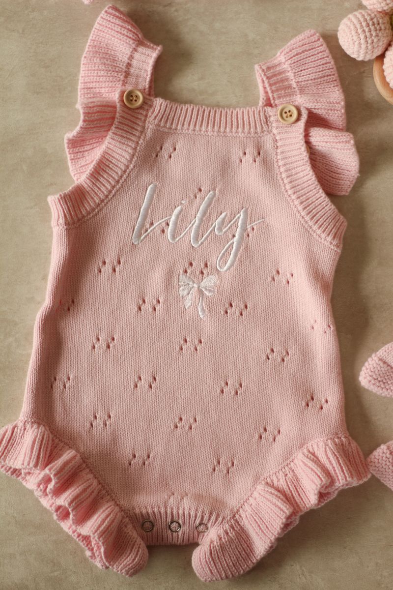 Pointelle frill romper - soft rose